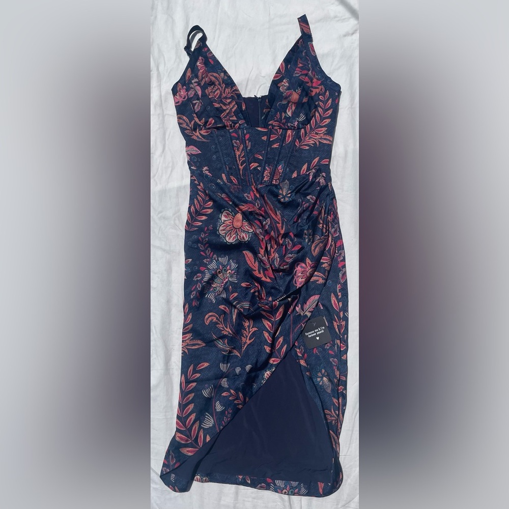 Averie Floral Navy Midi Dress with Pink and Coral Accents